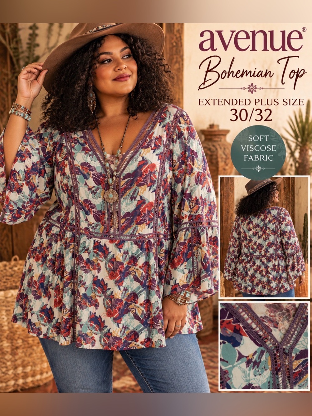 Avenue -size 30/32- Purple Floral V-Neck Boho Long Sleeve Tunic